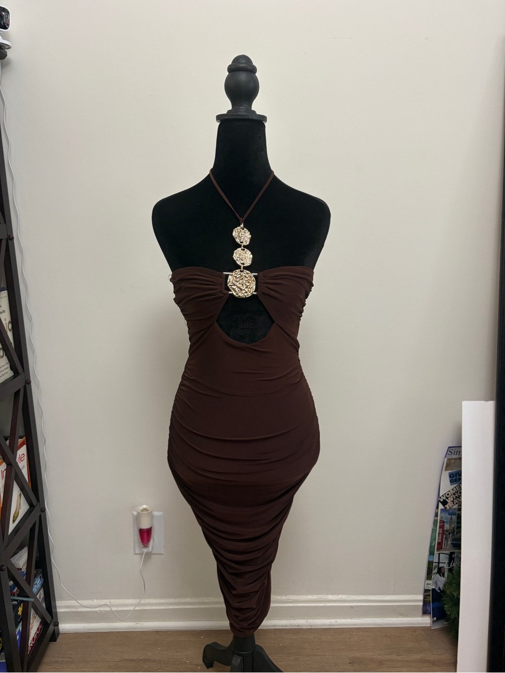 Windsor Chocolate Brown Strapless Ruched Midi Dress